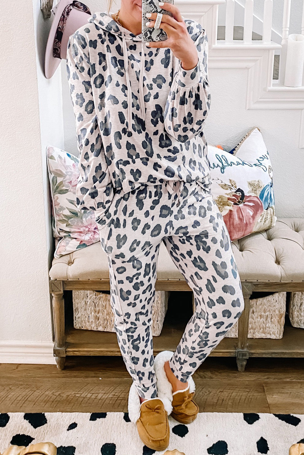 khaki leopard print drawstring hoodie and skinny pants lounge set