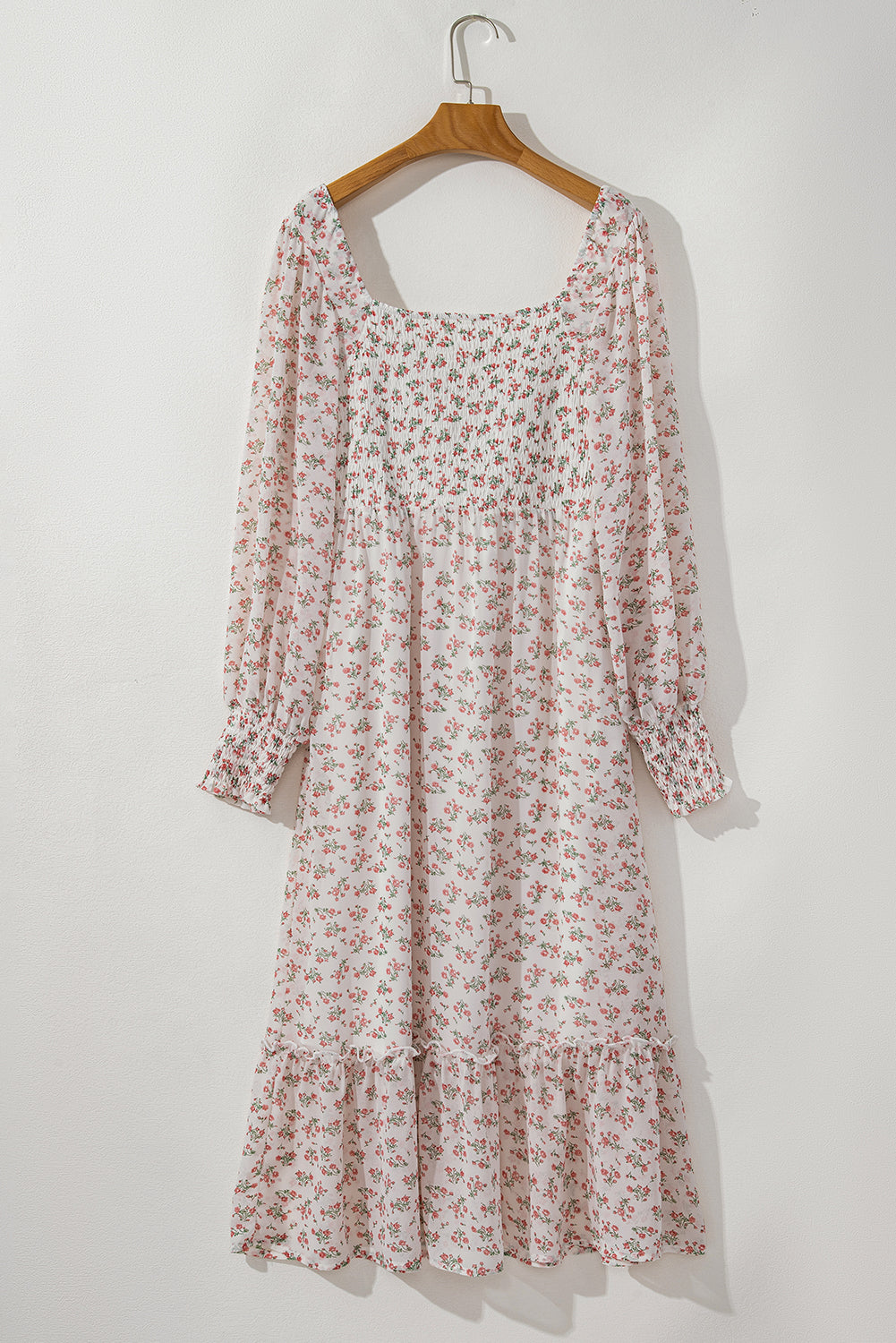white floral print shirred ruffled hem square neck midi dress