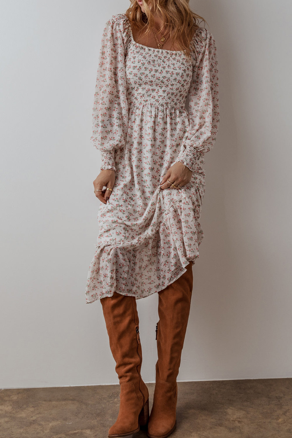 white floral print shirred ruffled hem square neck midi dress