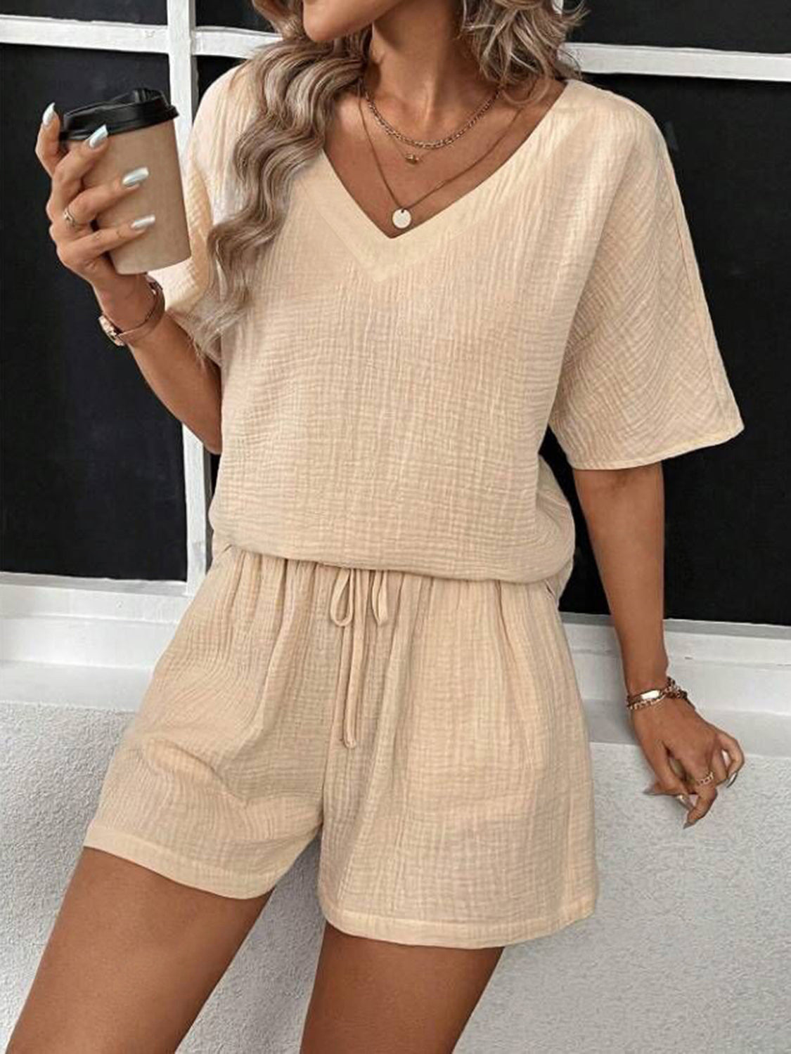 v-neck half sleeve top and shorts set