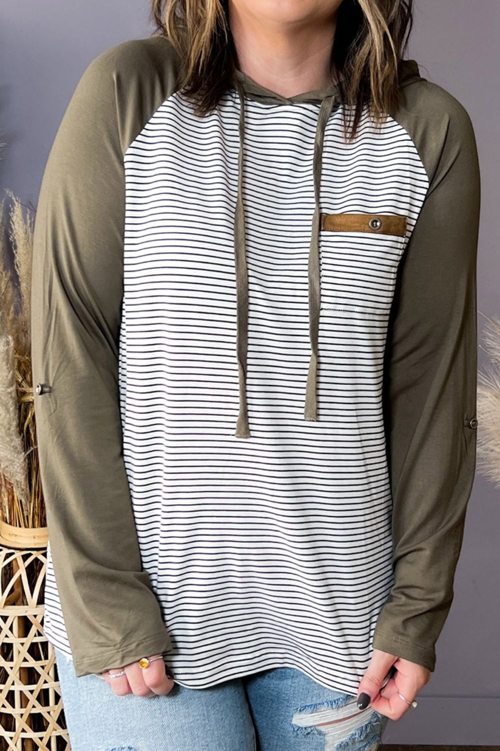 plus size striped long sleeve hoodie