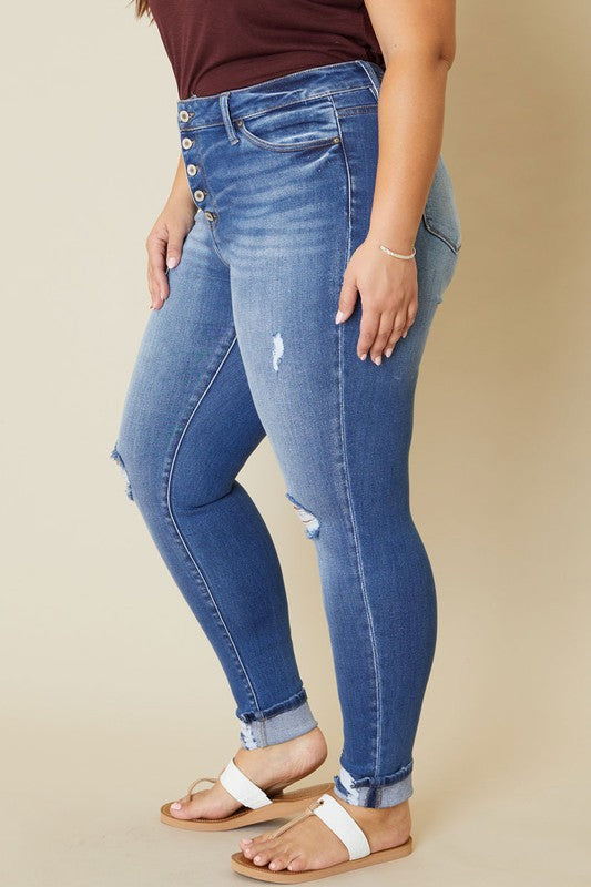 plus high rise button fly ankle skinny