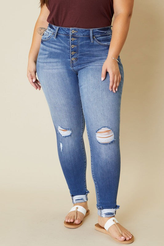 plus high rise button fly ankle skinny