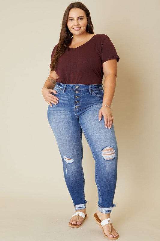 plus high rise button fly ankle skinny