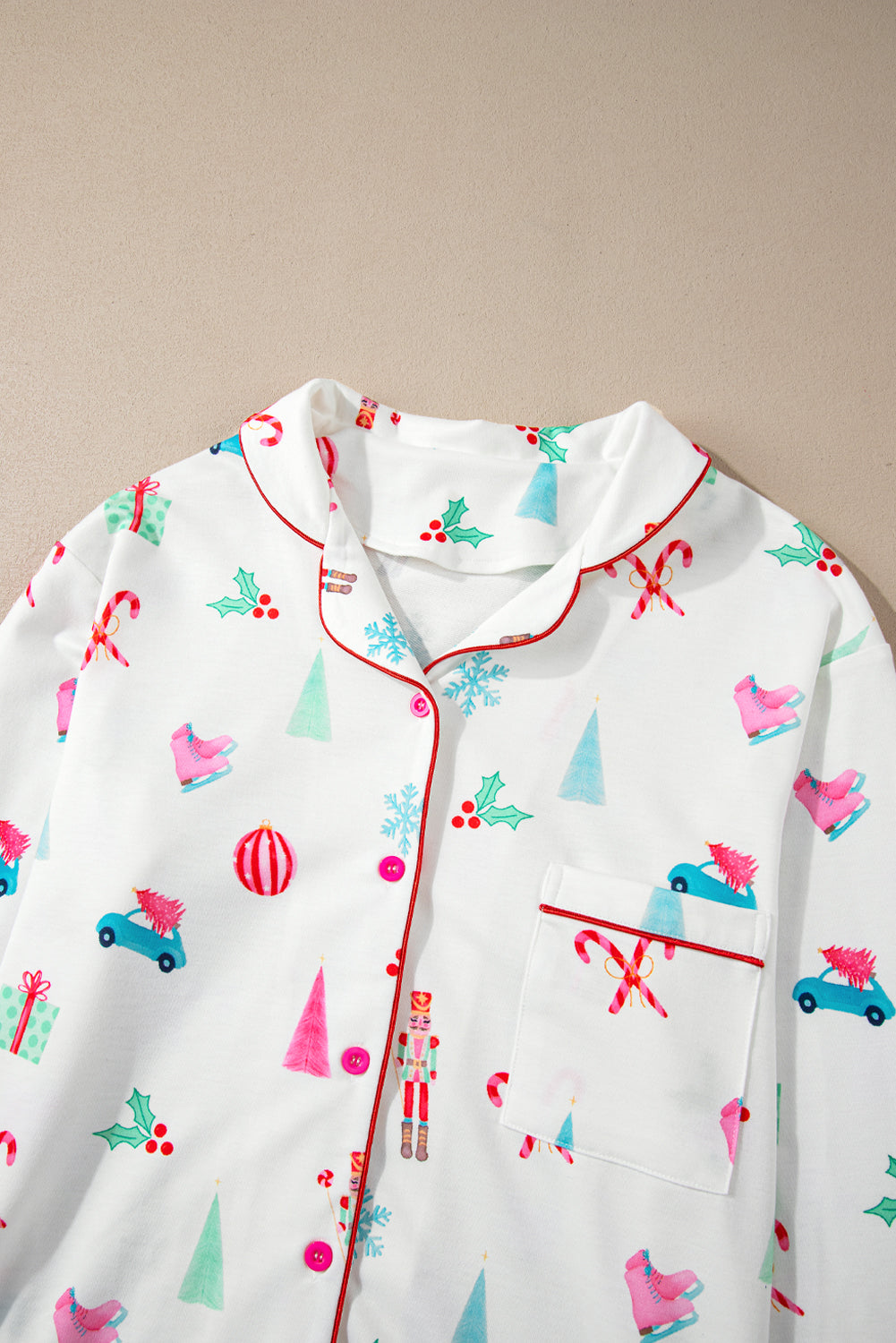 white christmas print lapel shirt and pants sleepwear