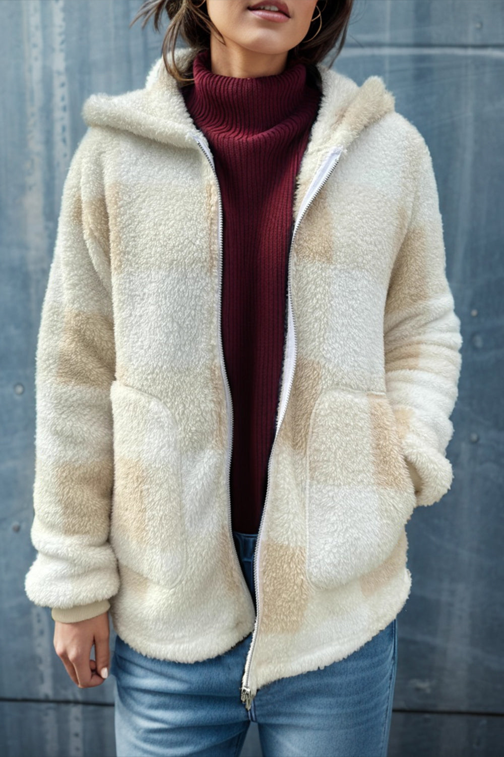 double take full size plaid long sleeve hooded coat