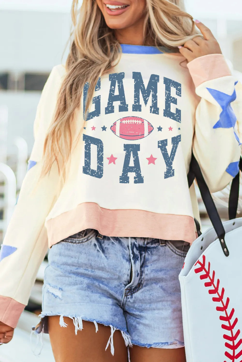 game day star patch round neck long sleeve sweatshirt