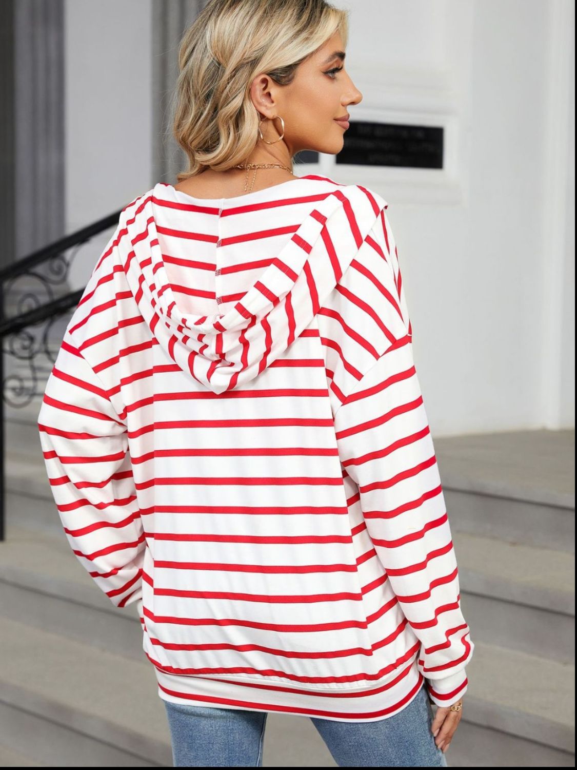 drawstring striped long sleeve hoodie