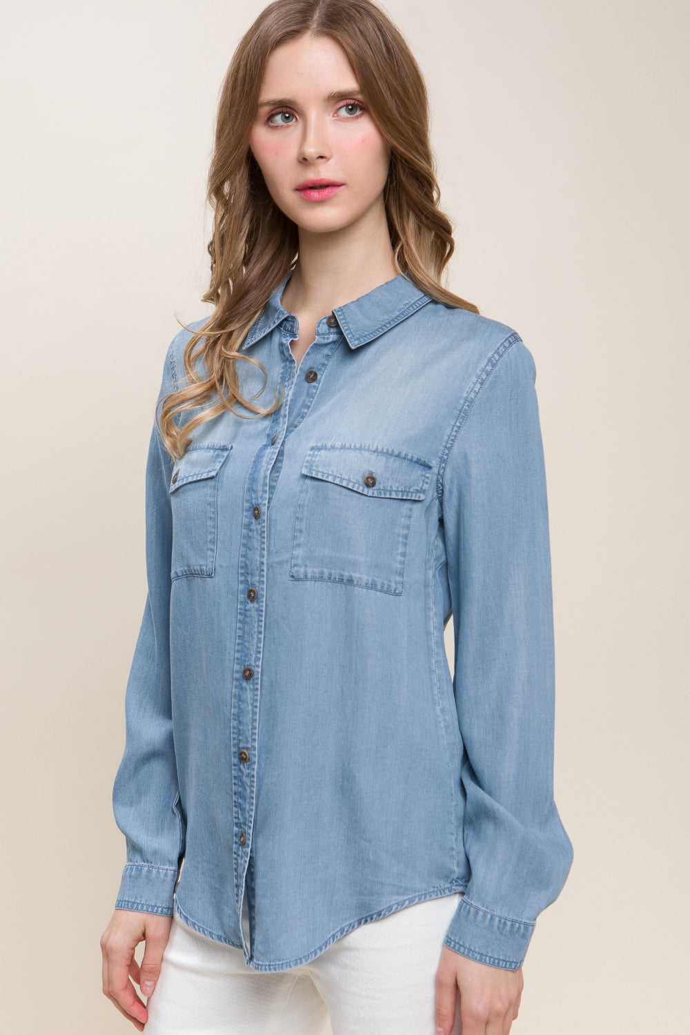 love tree scooped hem button up denim shirt