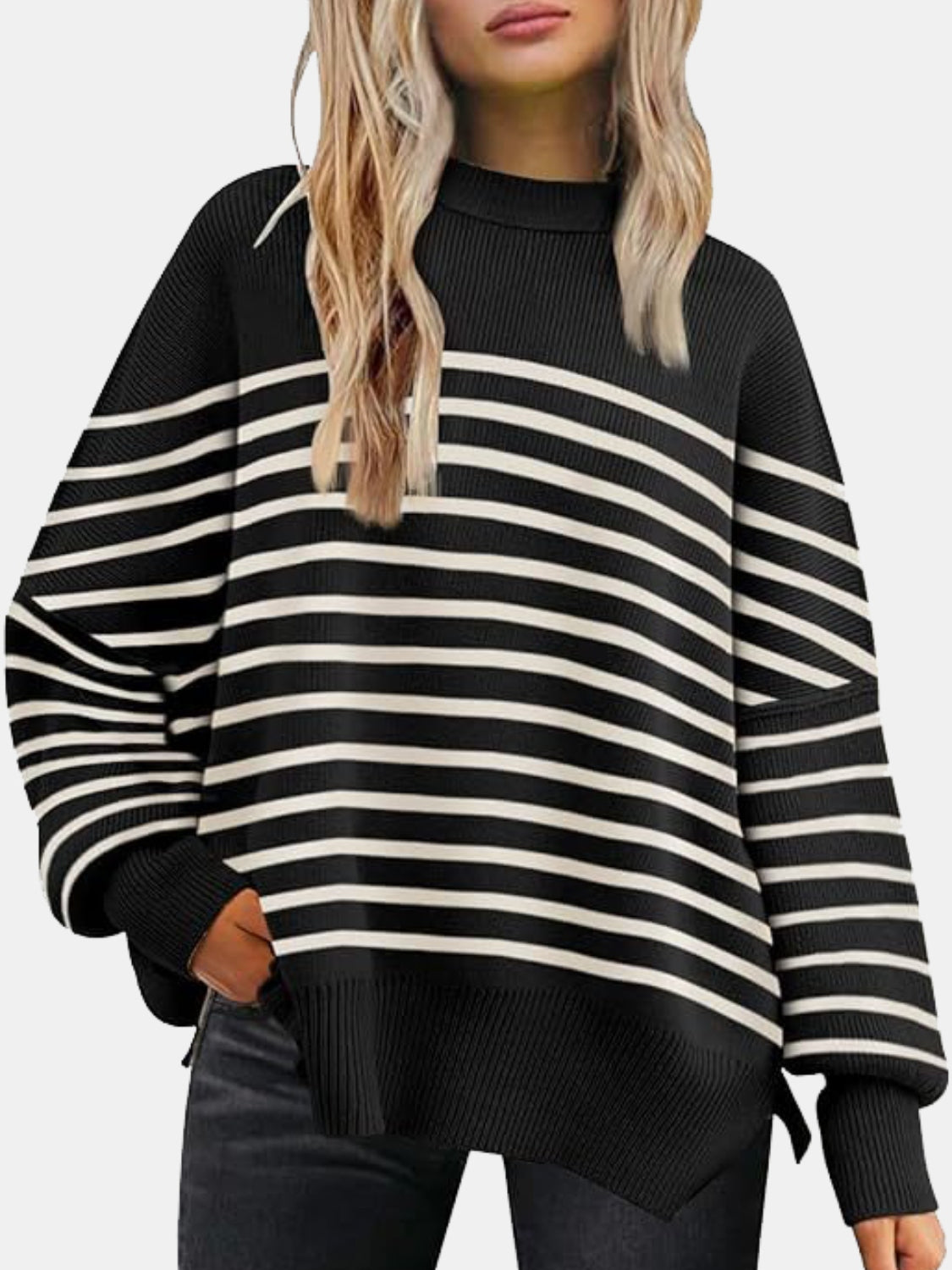 round neck drop shoulder slit sweater