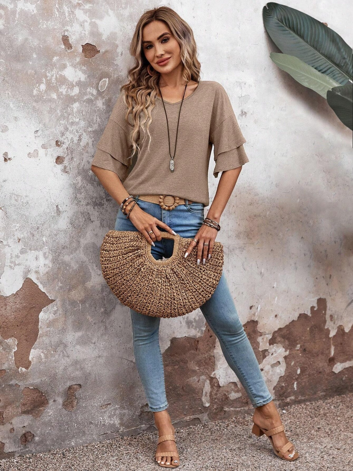 v-neck half sleeve blouse