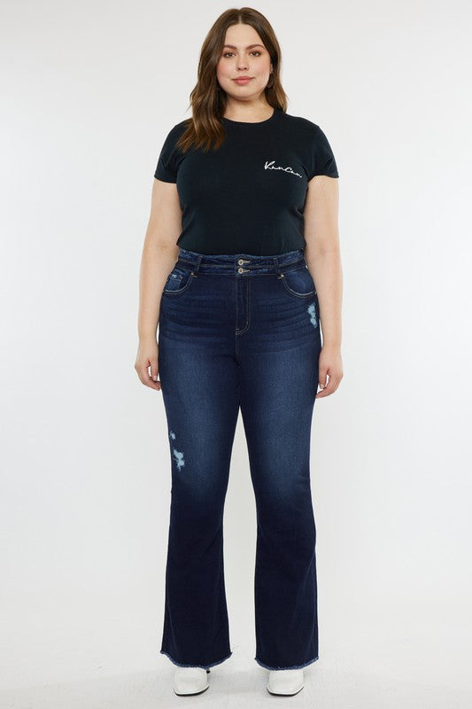 plus high rise double wb fray hem flare jeans