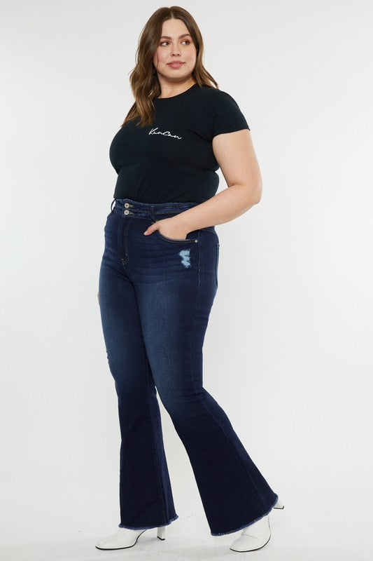 plus high rise double wb fray hem flare jeans