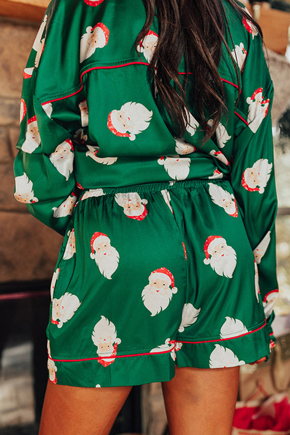santa collared neck long sleeve top and shorts lounge set