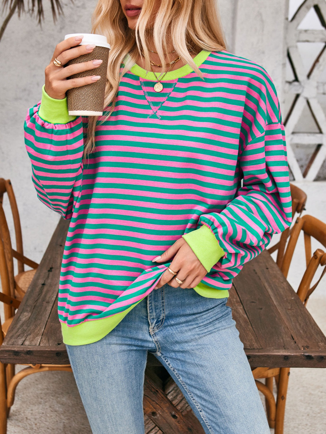 contrast striped long sleeve sweatshirt