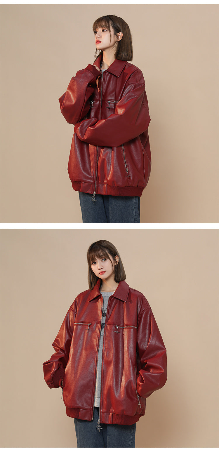 turn-down collar coat women's leather jacket