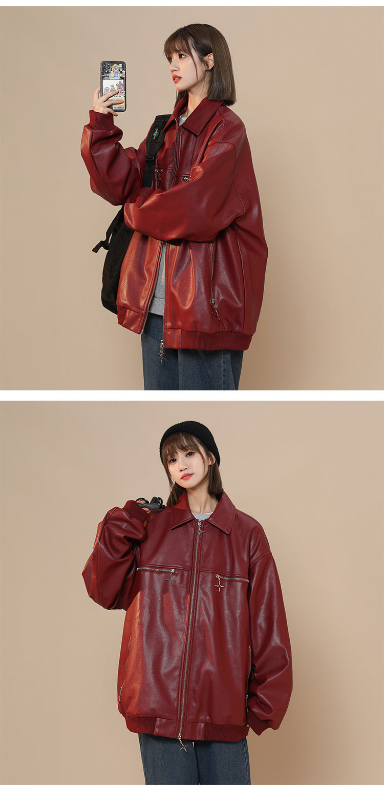 turn-down collar coat women's leather jacket