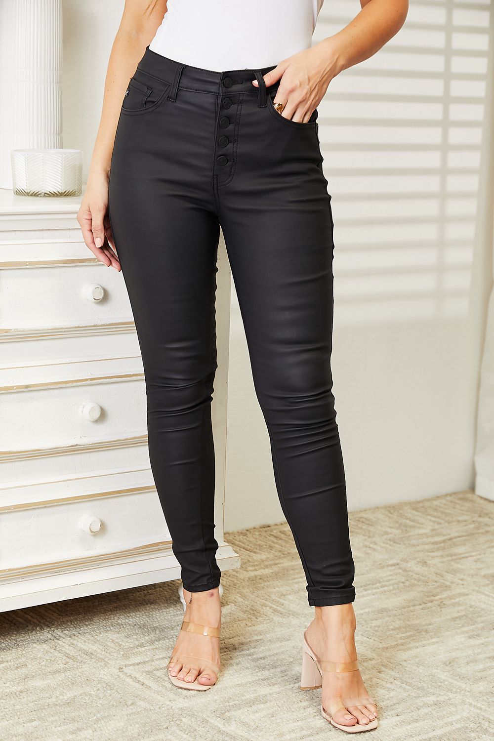 kancan full size high rise black coated ankle skinny jeans