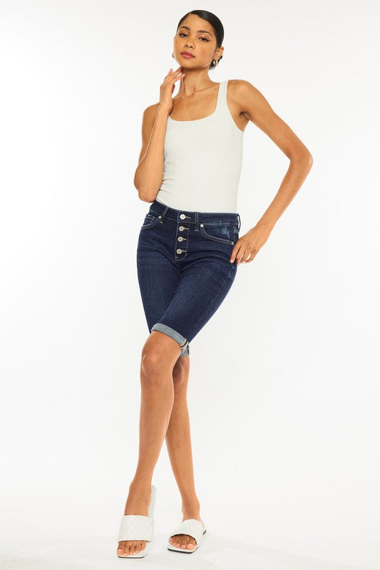 high rise button down cuffed bermuda jeans