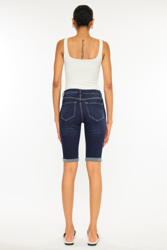 high rise button down cuffed bermuda jeans