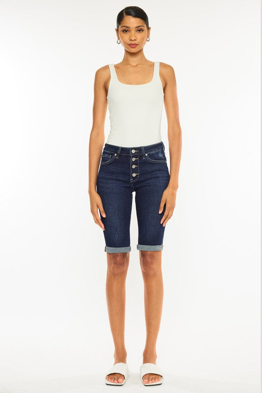 high rise button down cuffed bermuda jeans