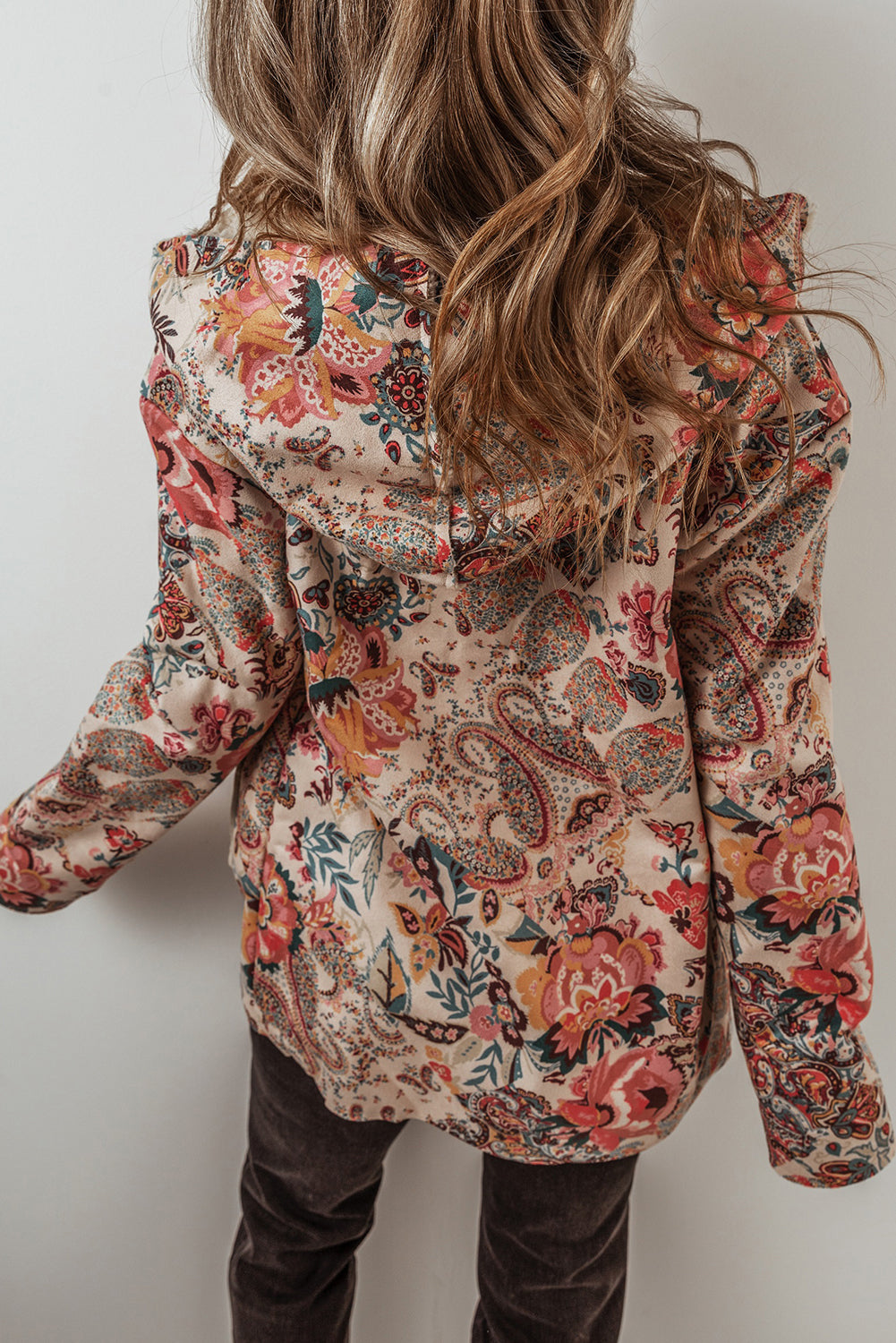 beige vintage paisley floral printed sherpa lined hooded jacket