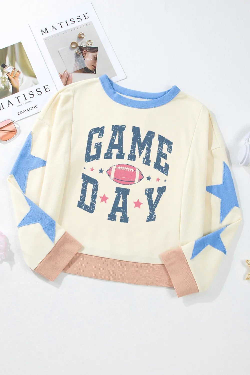 game day star patch round neck long sleeve sweatshirt