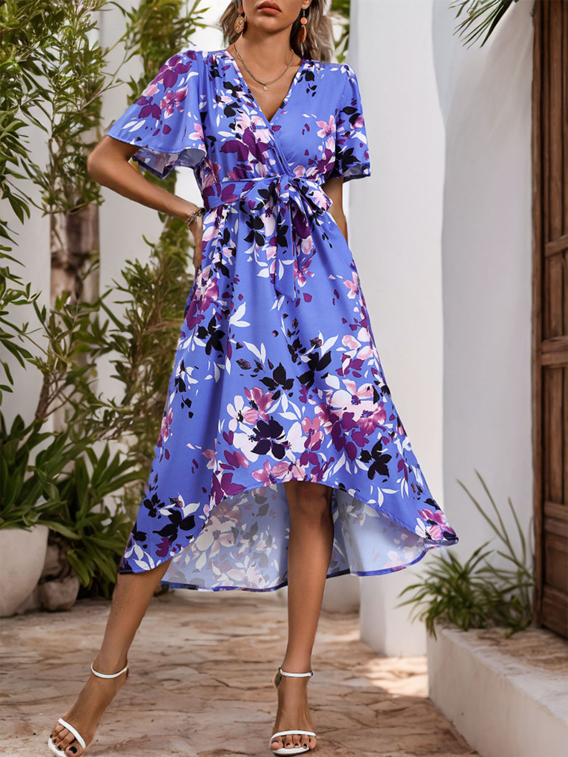 high-low printed surplice short sleeve midi dress