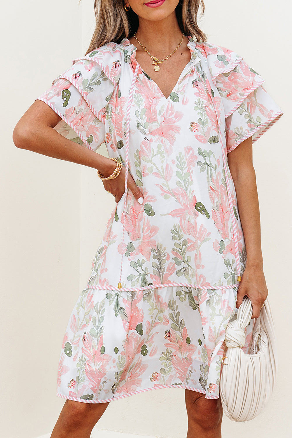 pink floral contrast edge layered short sleeve mini dress