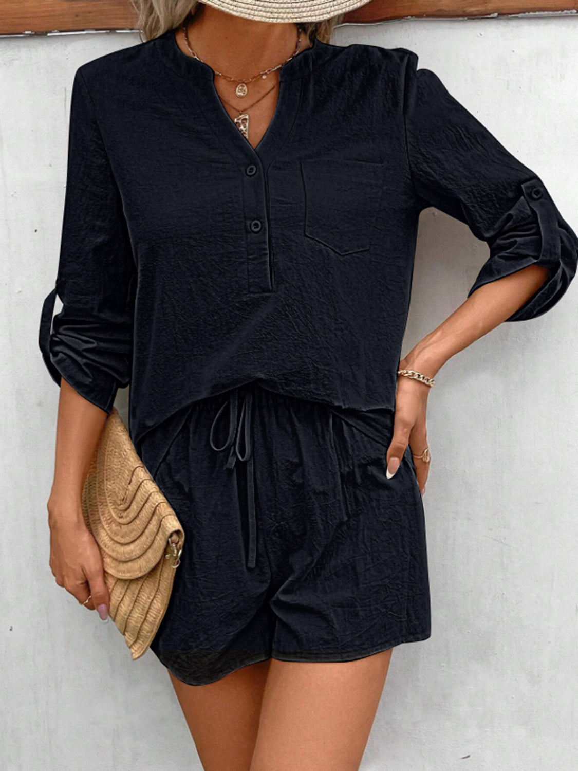 notched long sleeve top and shorts set
