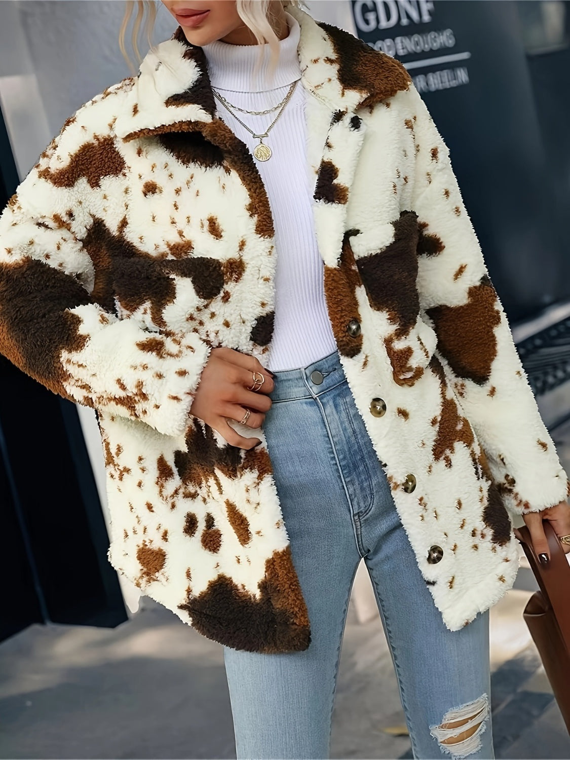 cow print collared neck button up fuzzy jacket