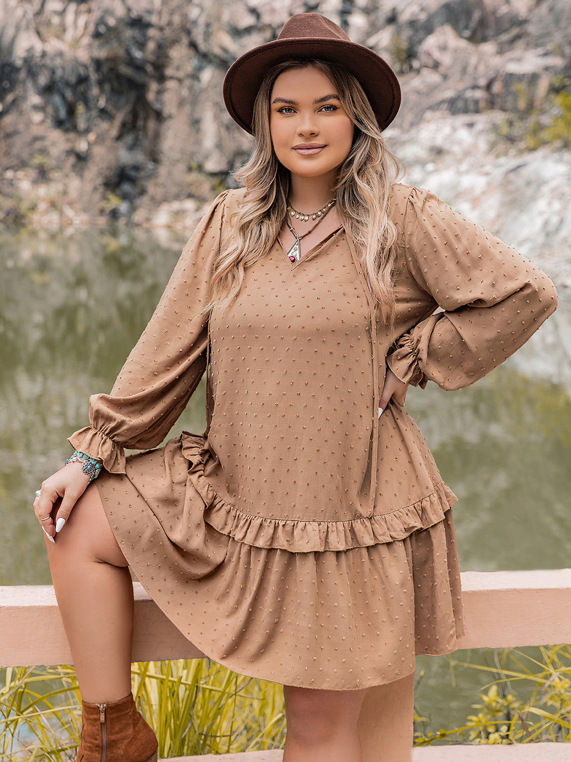 plus size dot flounce sleeve mini dress