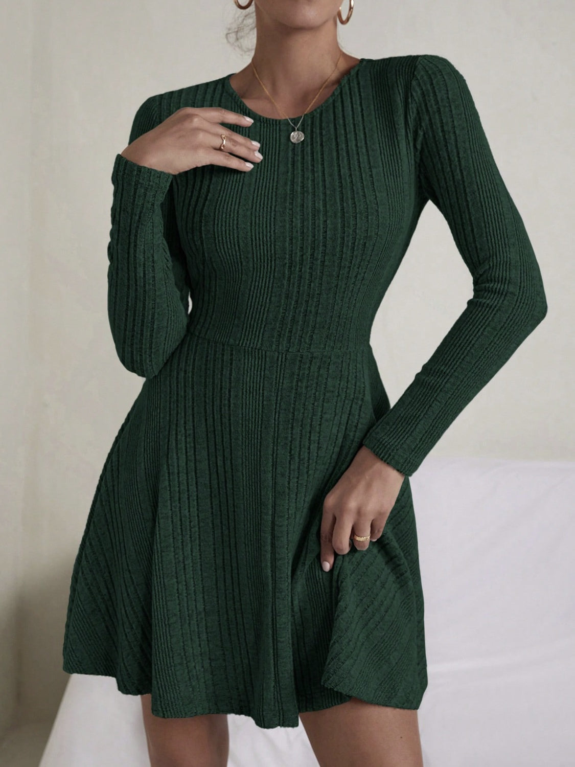 textured round neck long sleeve dress
