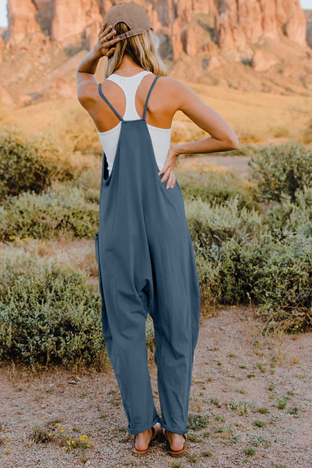 double take full size v-neck sleeveless jumpsuit with pockets