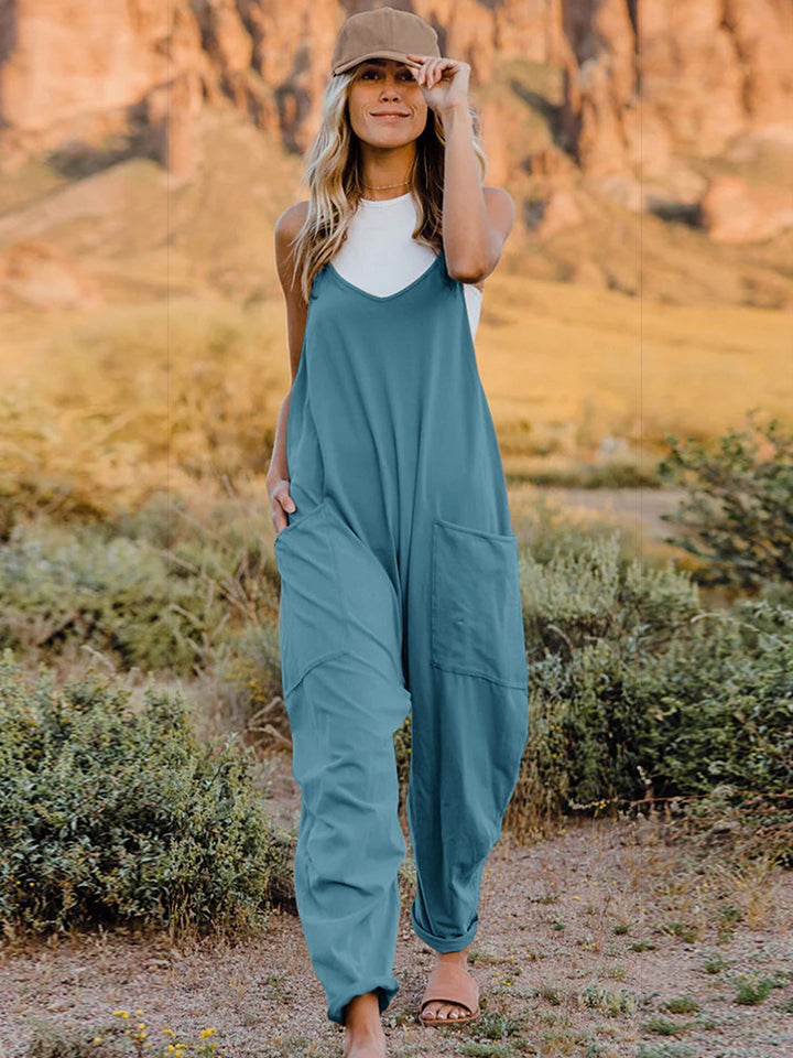double take full size v-neck sleeveless jumpsuit with pockets