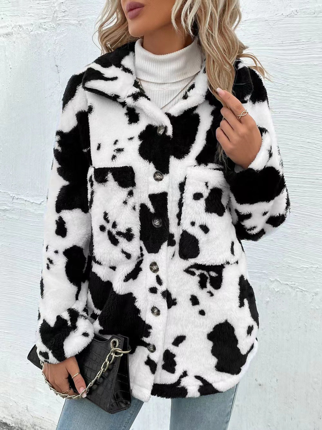 cow print collared neck button up fuzzy jacket