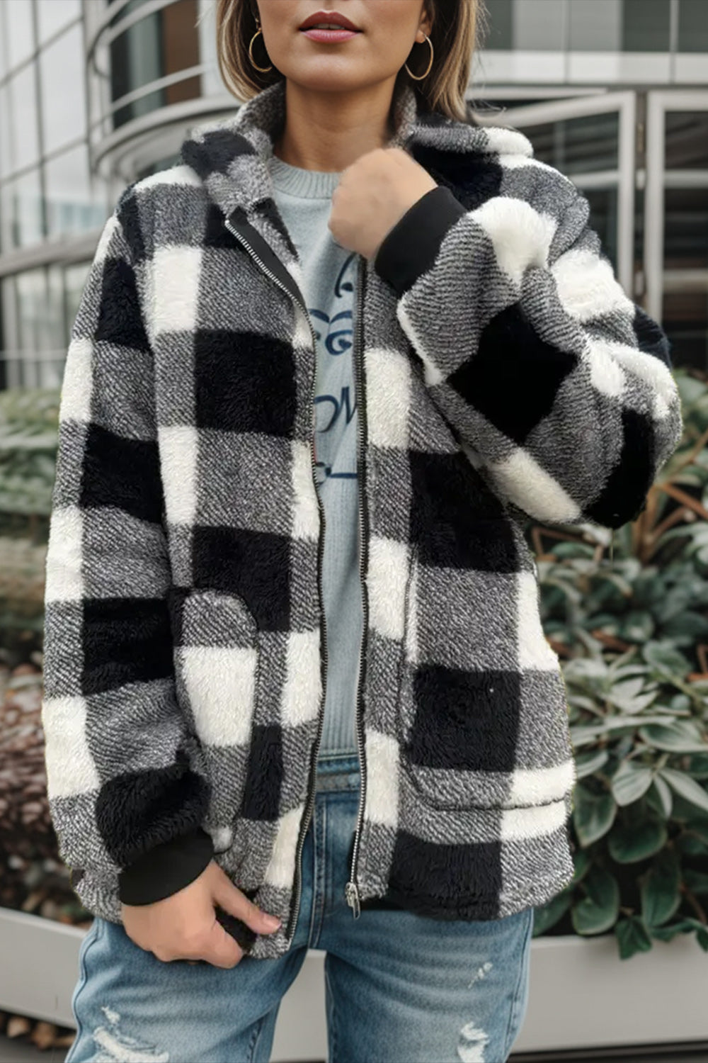 double take full size plaid long sleeve hooded coat
