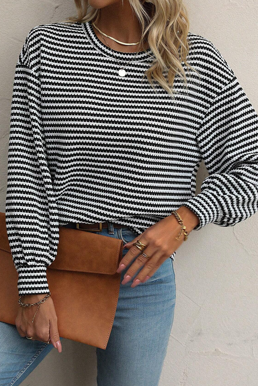 black stripe round neck drop shoulder long sleeve top