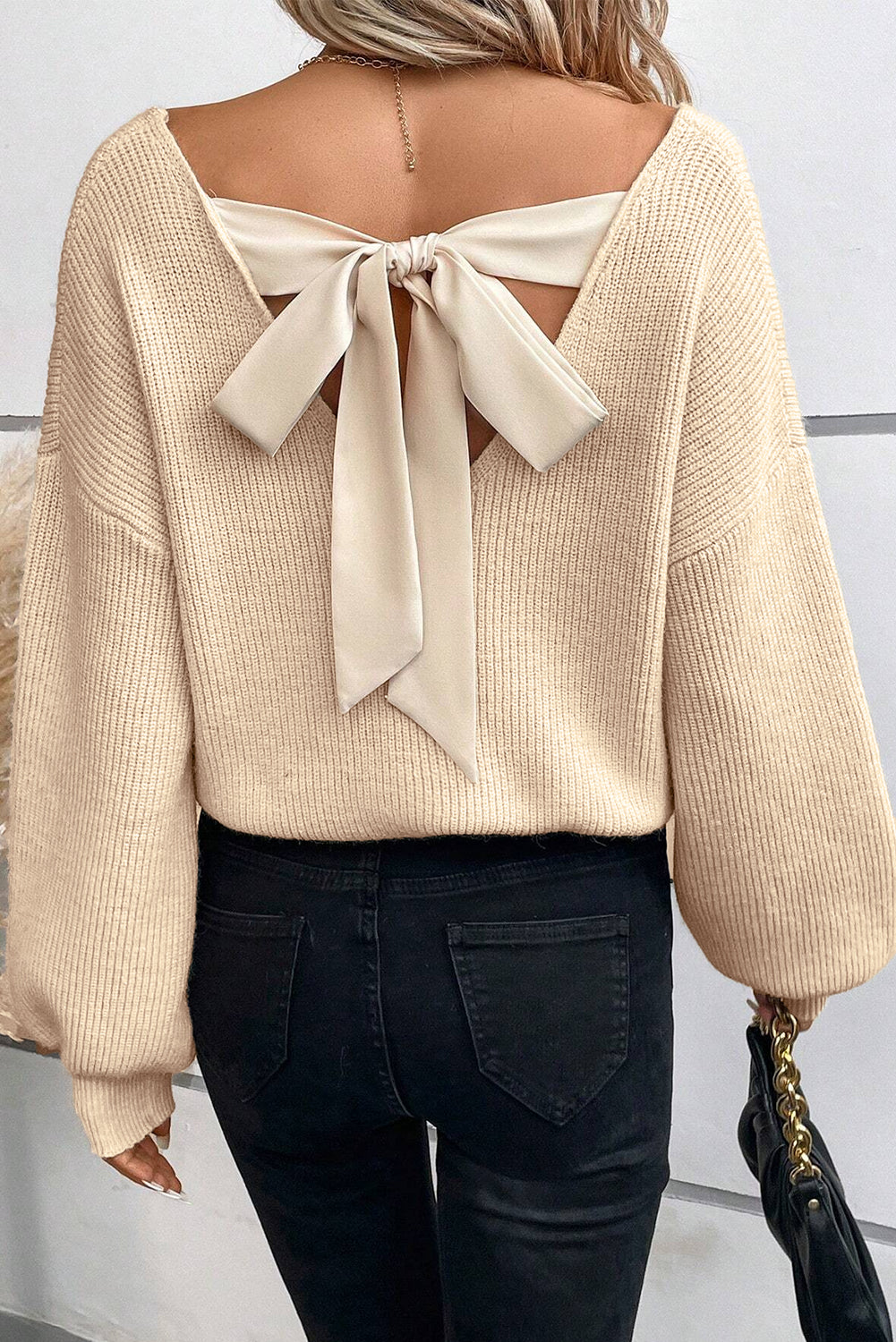 apricot lantern sleeve v neck knot back sweater