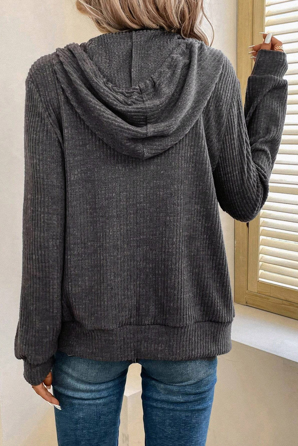 dark grey ribbed zip up front drawstring hoodie