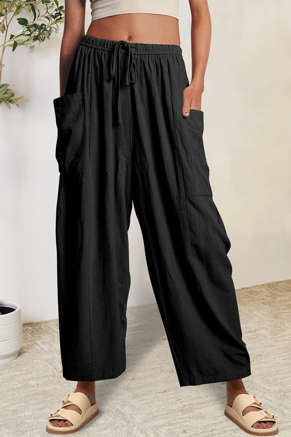 full size pocketed drawstring wide leg pants