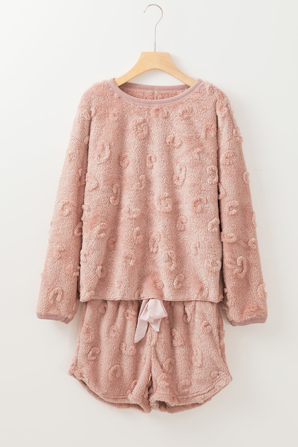 light pink textured leopard fleece loose two piece lounge set