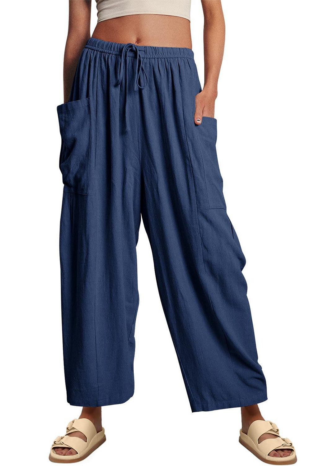 full size pocketed drawstring wide leg pants