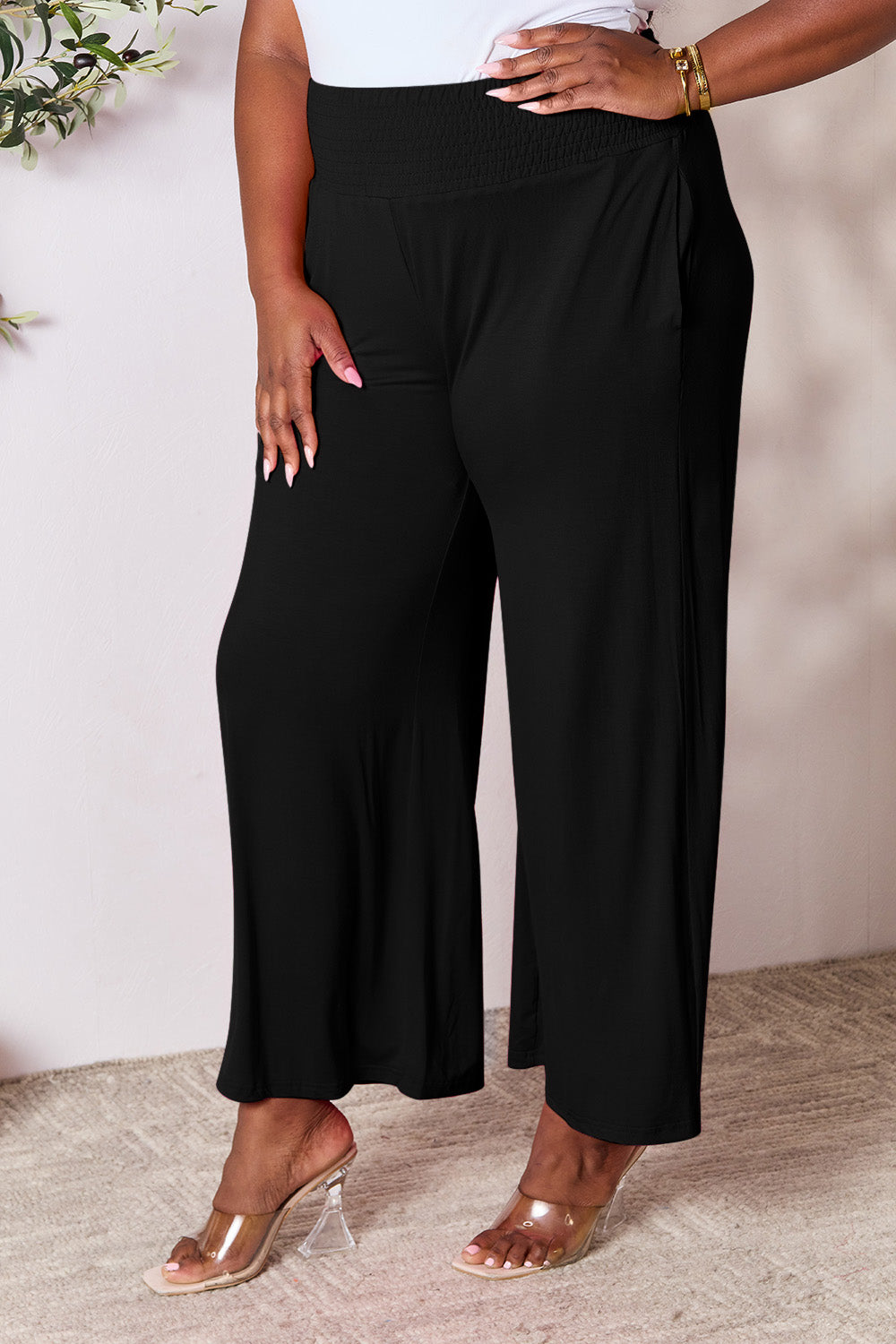 double take full size smocked wide waistband wide leg pants