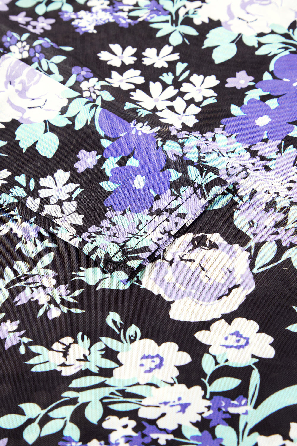 black floral print mesh fitted long sleeve top