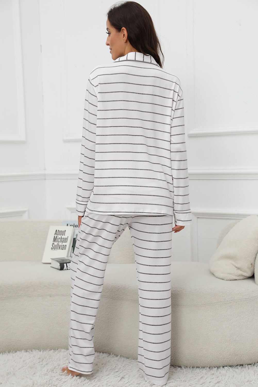 striped v-neck long sleeve top and pants lounge set