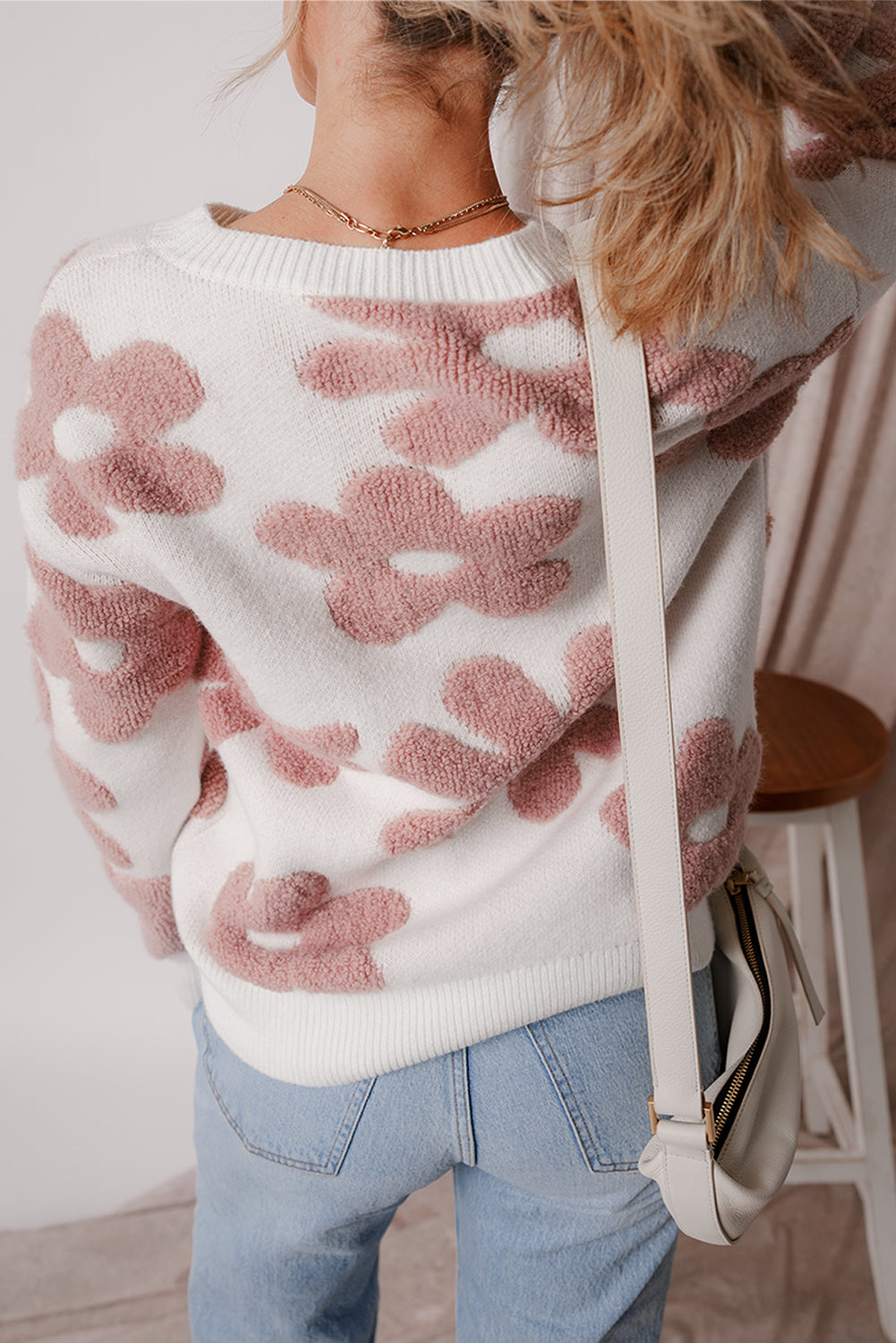 white textured flower drop shoulder loose sweater