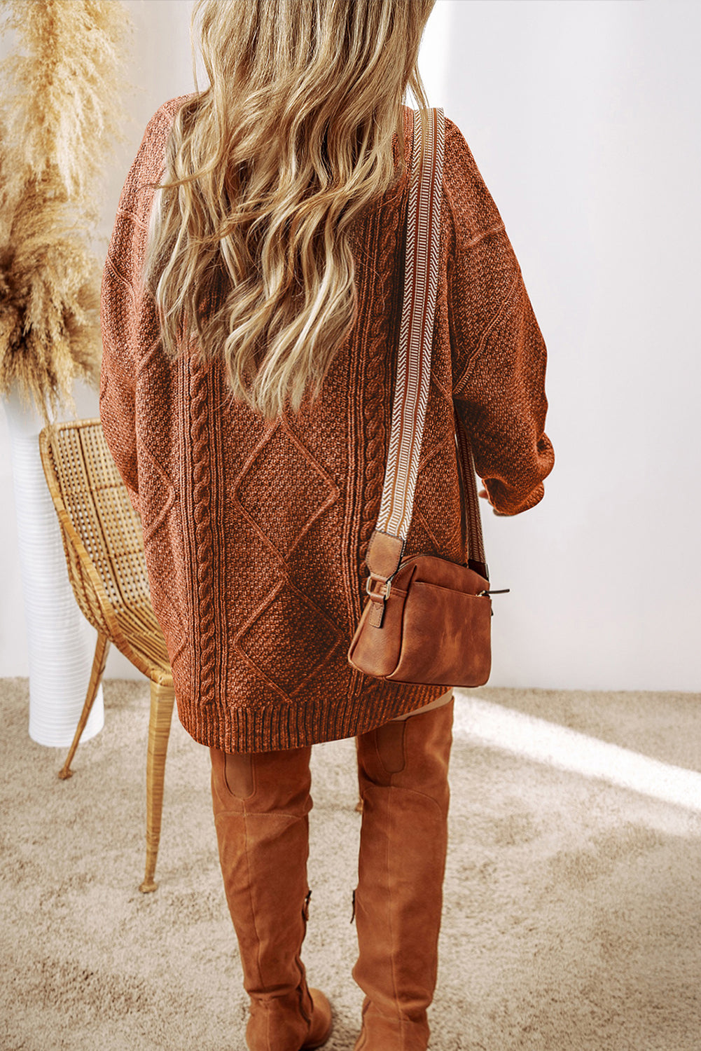 coffee cable knit drop shoulder loose fit sweater dress