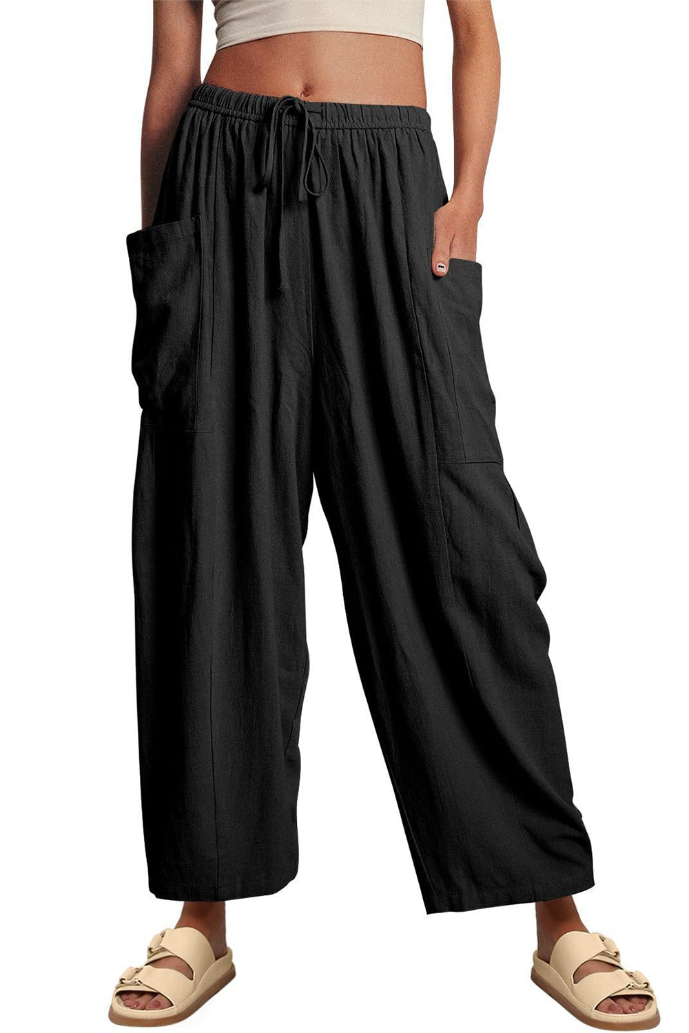 full size pocketed drawstring wide leg pants