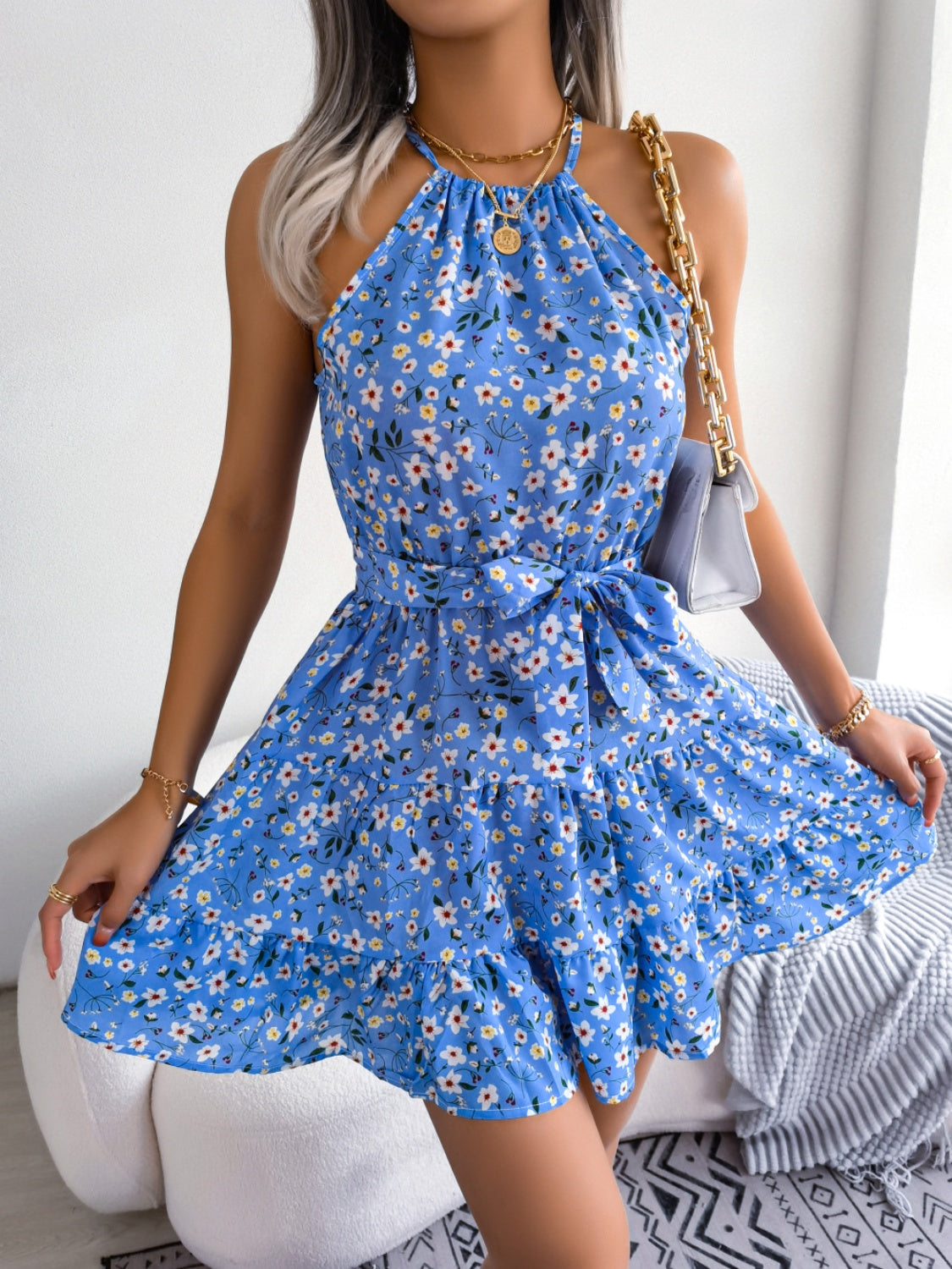 tied printed grecian neck mini dress